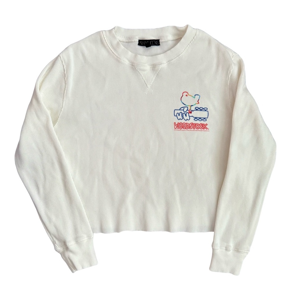 NWOT THE VINYL ICONS CREAM WOODSTOCK GRAPHIC CROP LONG-SLEEVE TOP // SIZE MEDIUM